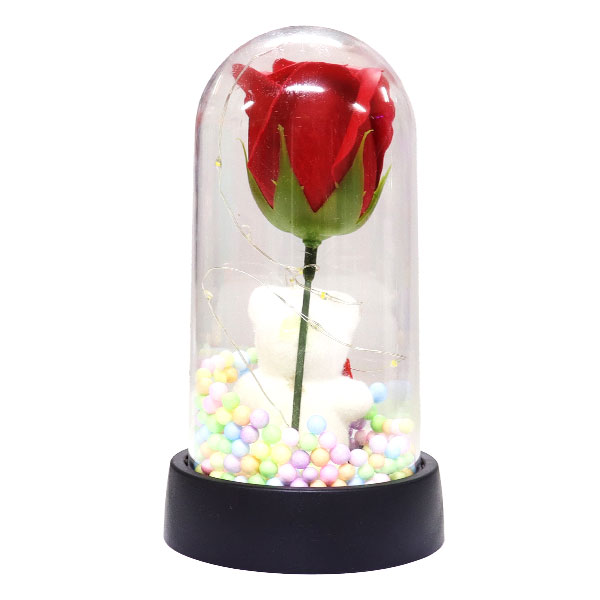 CAPSULA DE ROSA ETERNA CON OSITO Y LUZ LED