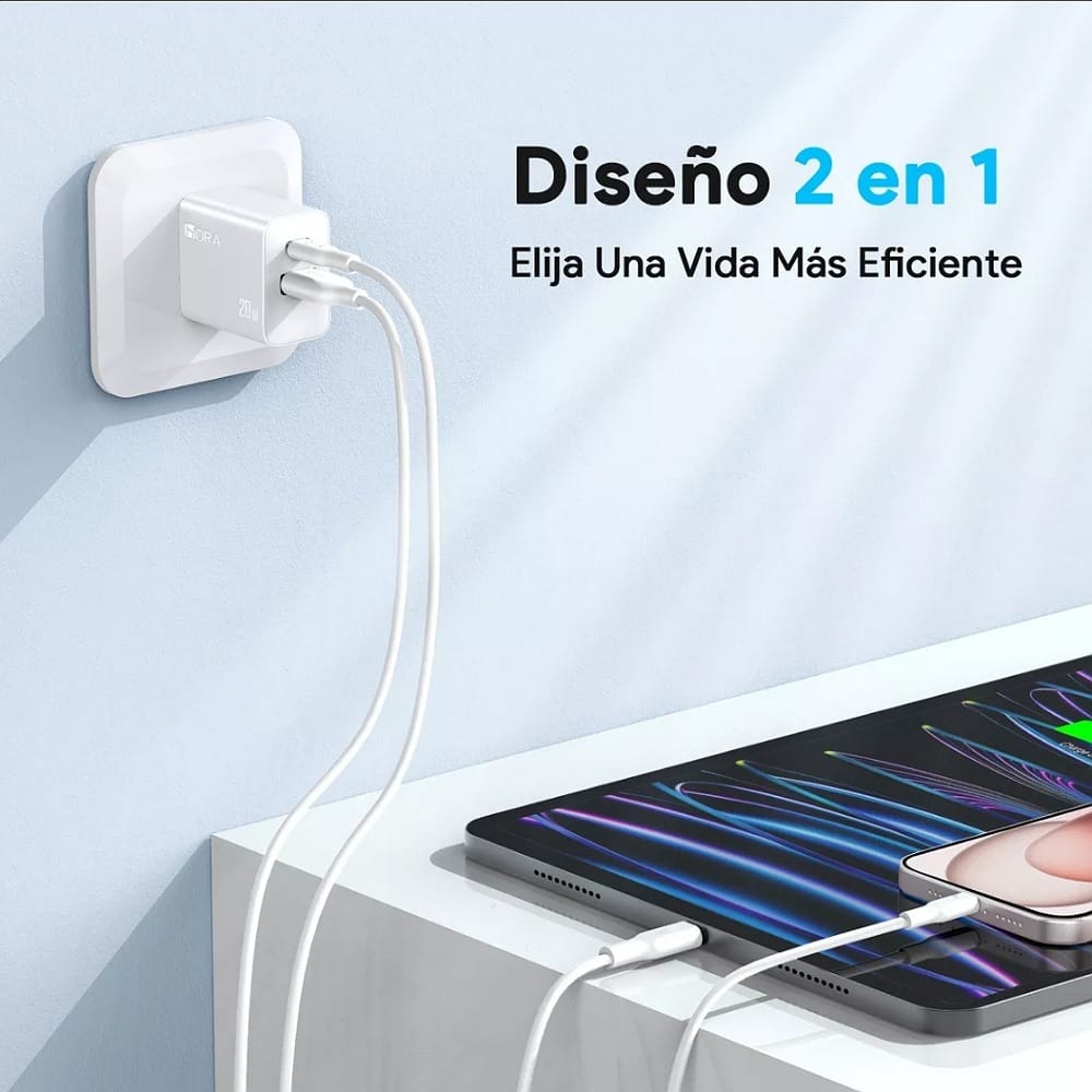 CUBO CARGADOR CON SALIDA DUAL USB + TIPO C 20 WATTS