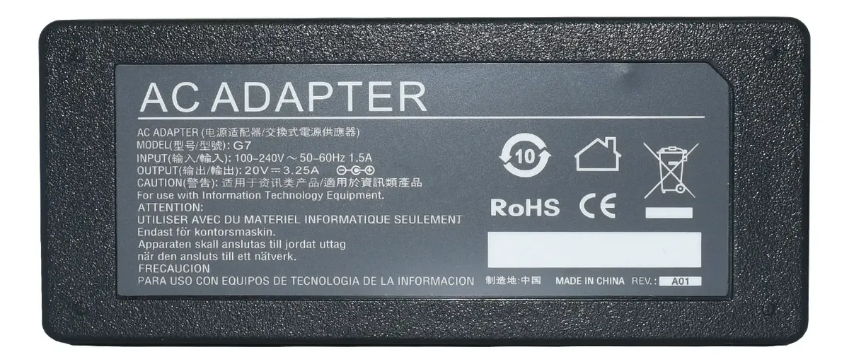 CARGADOR PARA LAPTOP LENOVO 20V/3.25A 65W PUNTA 4.0x1.7MM