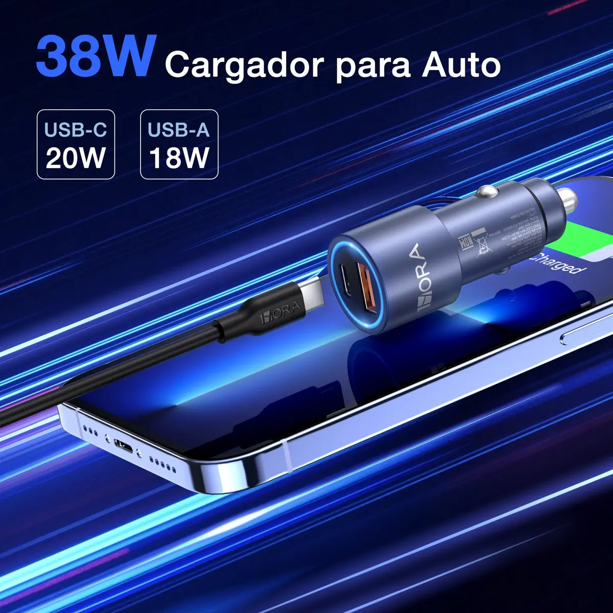 TURBO CARGADOR PARA AUTO CON CABLE TIPO C 3A